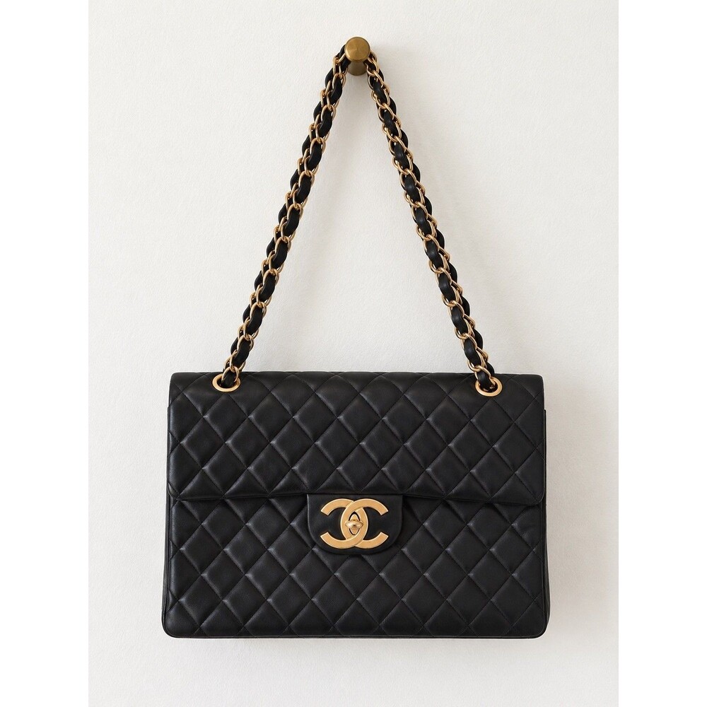 Vintage CHANEL Black Quilted Jumbo Classic Flap Bag 24k Gold Hardware Authentic